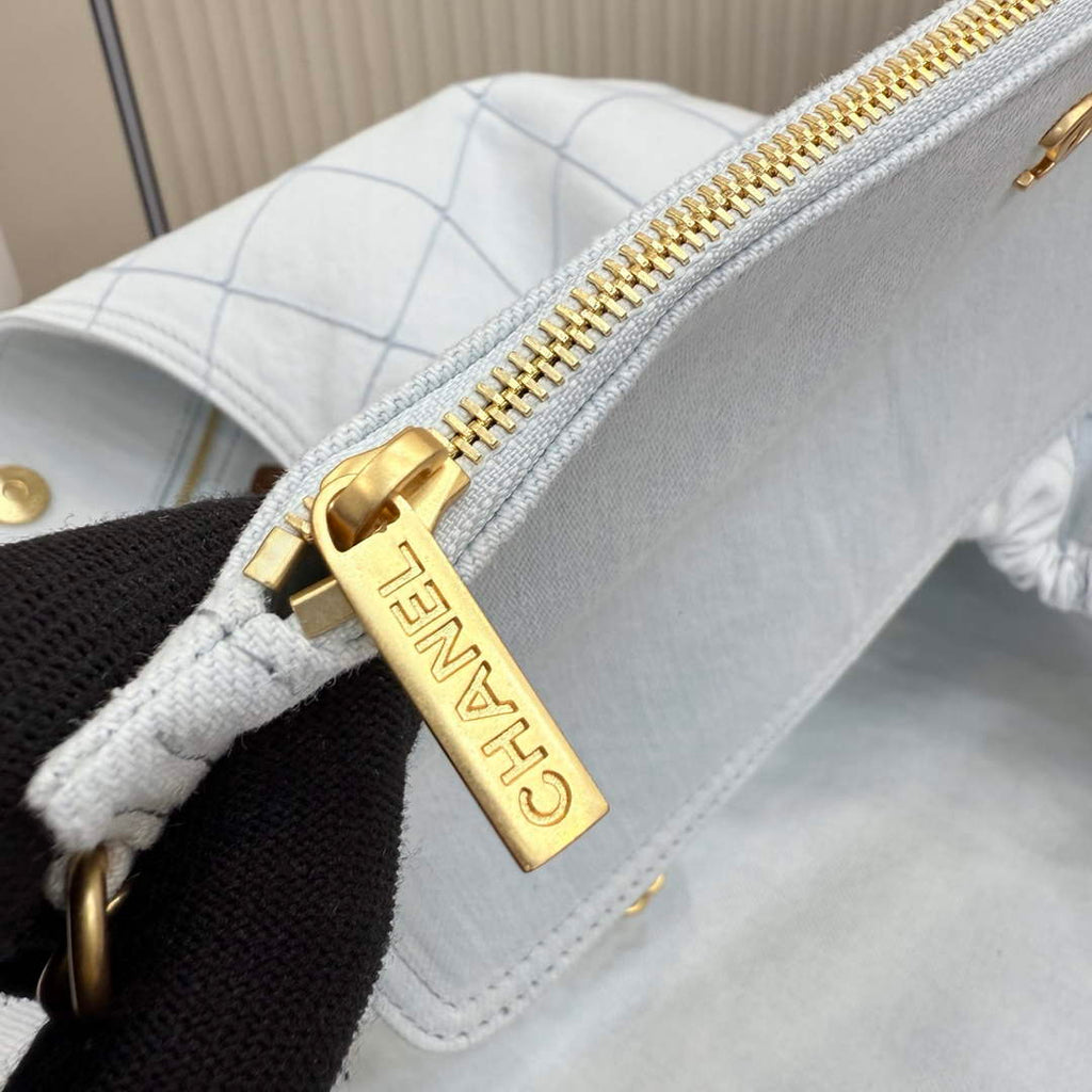 Chanel Small Tote, Denim, Calfskin & Gold Metal, AS6191 Light Blue