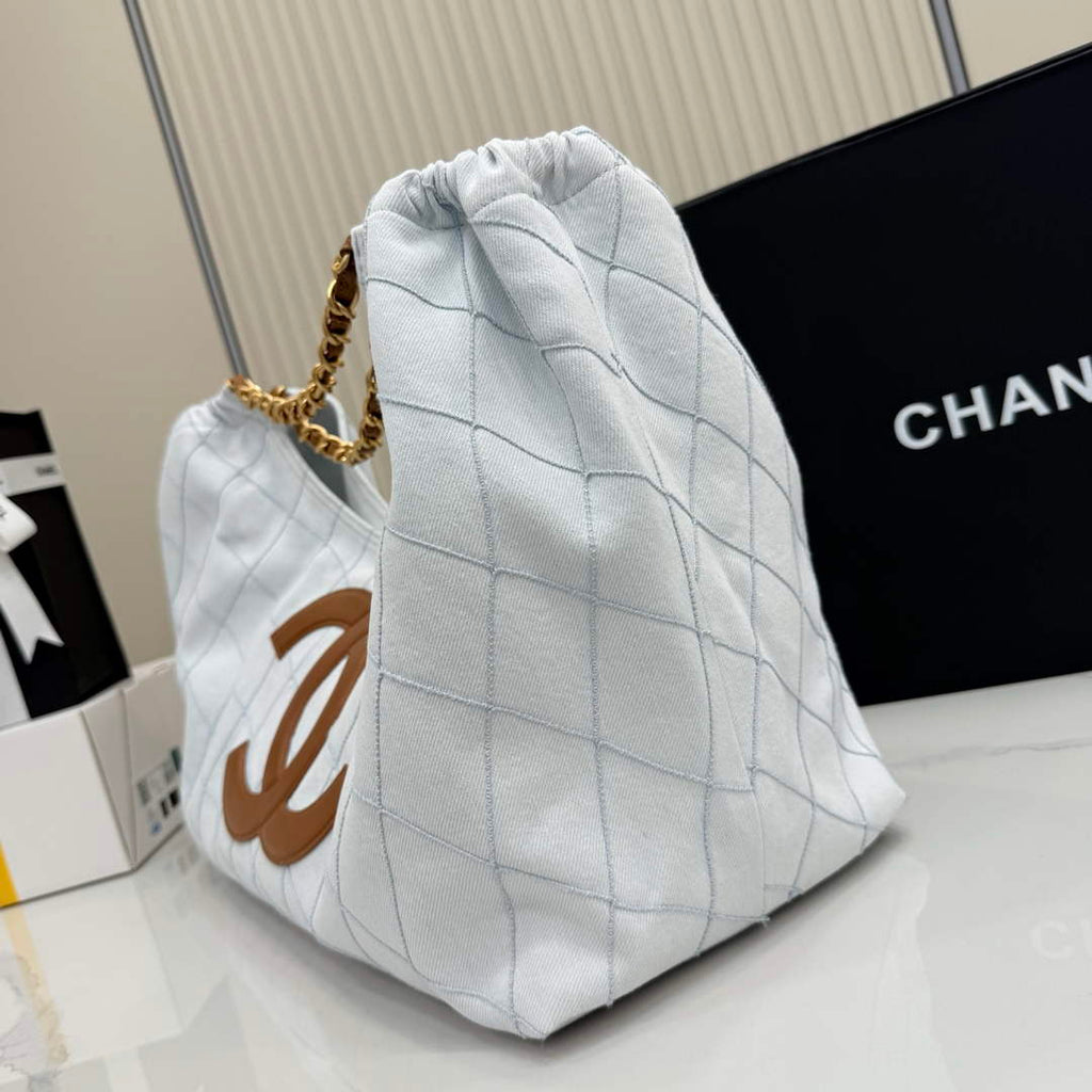 Chanel Small Tote, Denim, Calfskin & Gold Metal, AS6191 Light Blue