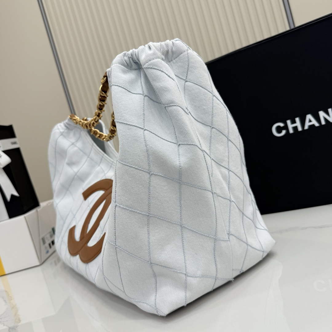 Chanel Small Tote, Denim, Calfskin & Gold Metal, AS6191 Light Blue