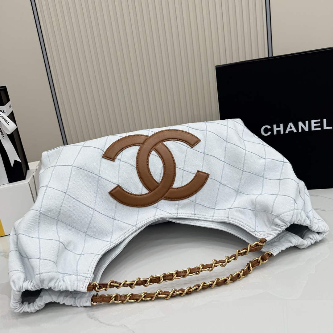 Chanel Small Tote, Denim, Calfskin & Gold Metal, AS6191 Light Blue