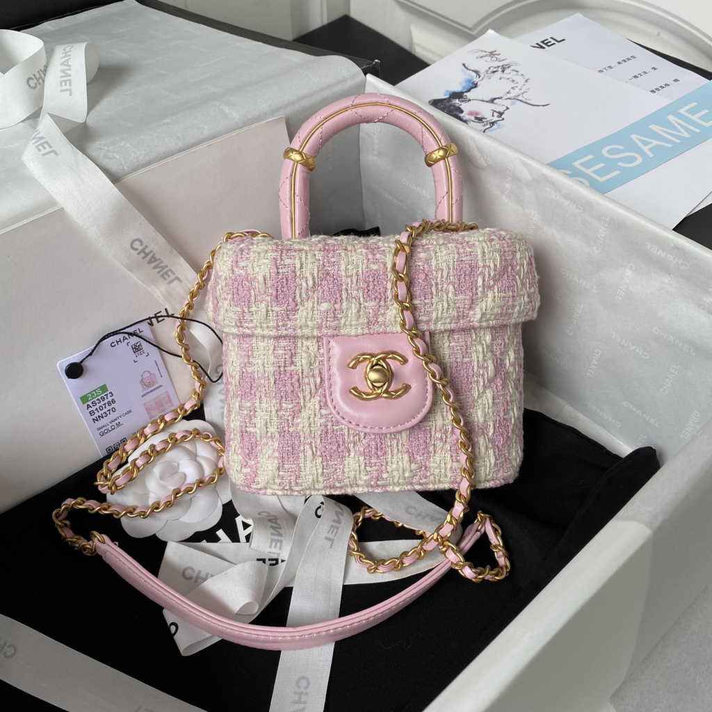 Chanel Small Vanity Case Pink Tweed Lambskin Gold-tone Metal AS3973