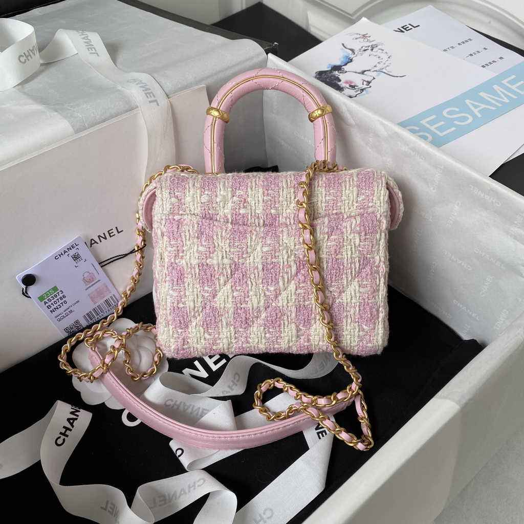 Chanel Small Vanity Case Pink Tweed Lambskin Gold-tone Metal AS3973