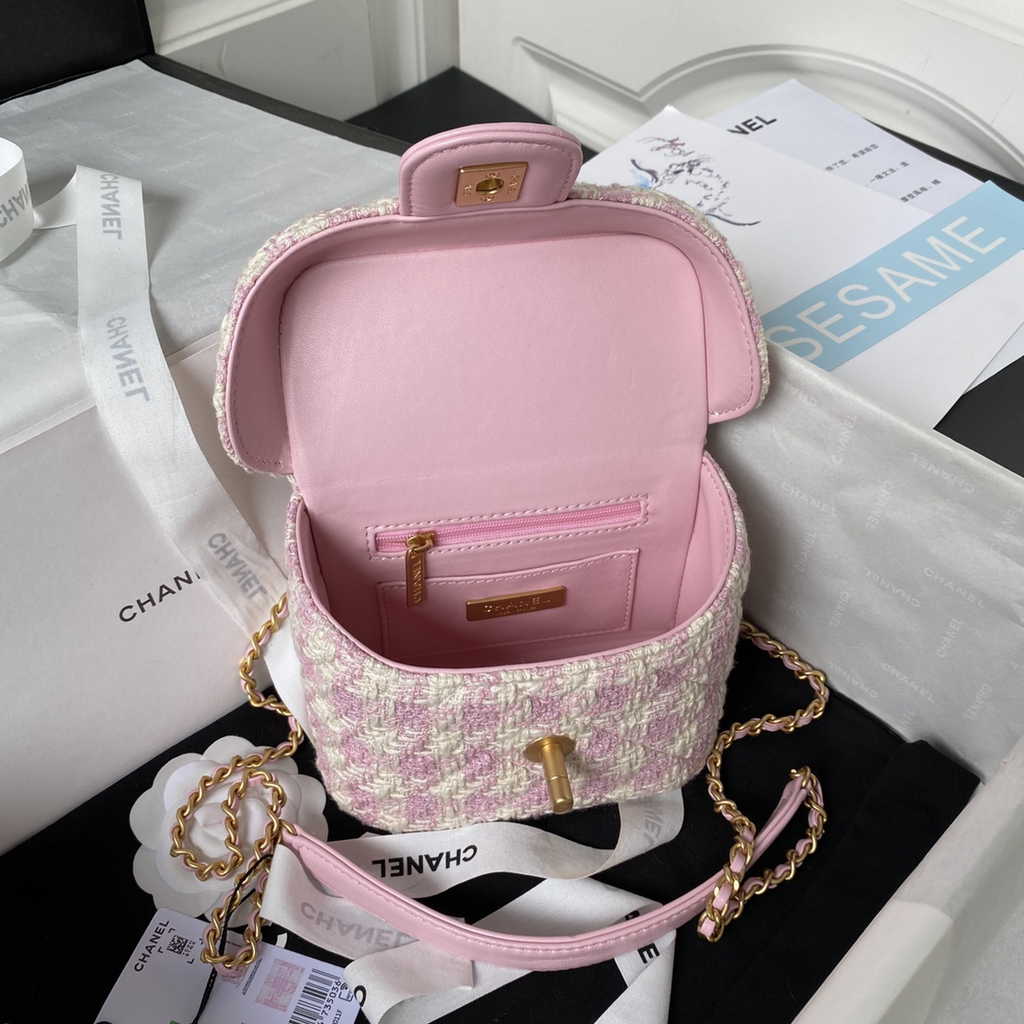 Chanel Small Vanity Case Pink Tweed Lambskin Gold-tone Metal AS3973