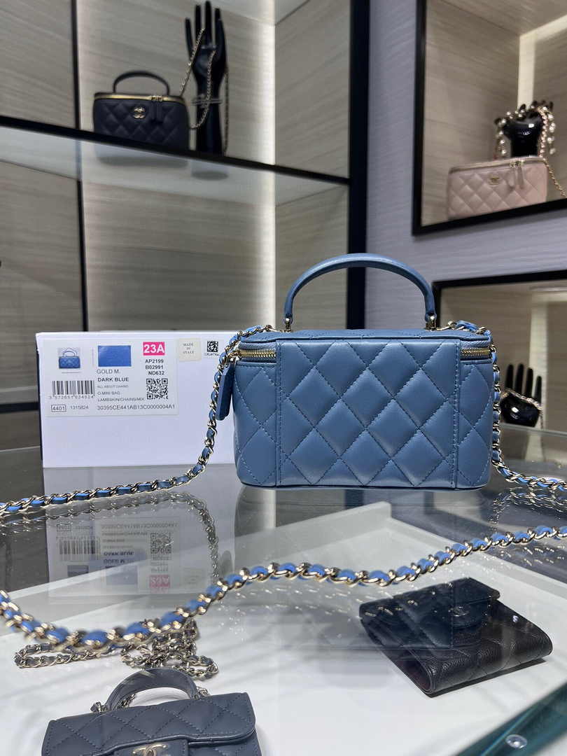 Chanel Vanity Case Top Handle Chain Bag AP2199 Lambskin Blue
