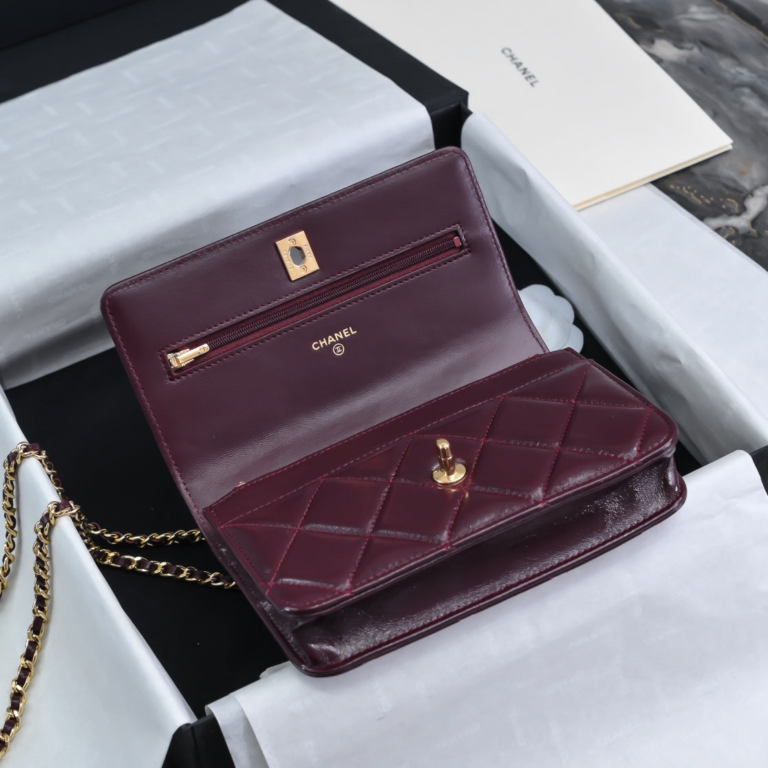 Chanel Wallet on chain, AP4166 Lambskin Wine Red