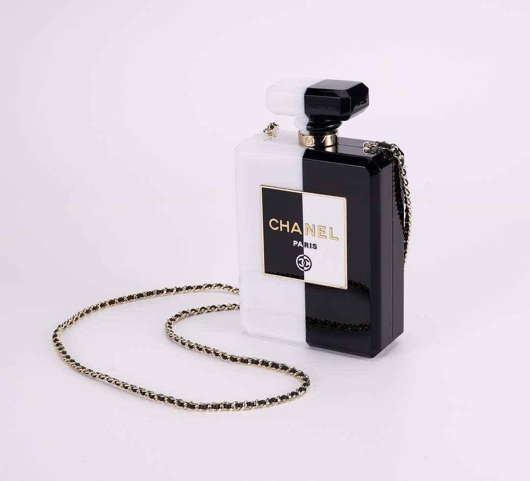 Chanel White Black Plexiglass Perfume Bottle Clutch C2786