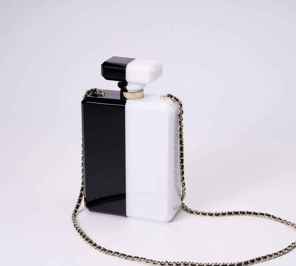 Chanel White Black Plexiglass Perfume Bottle Clutch C2786