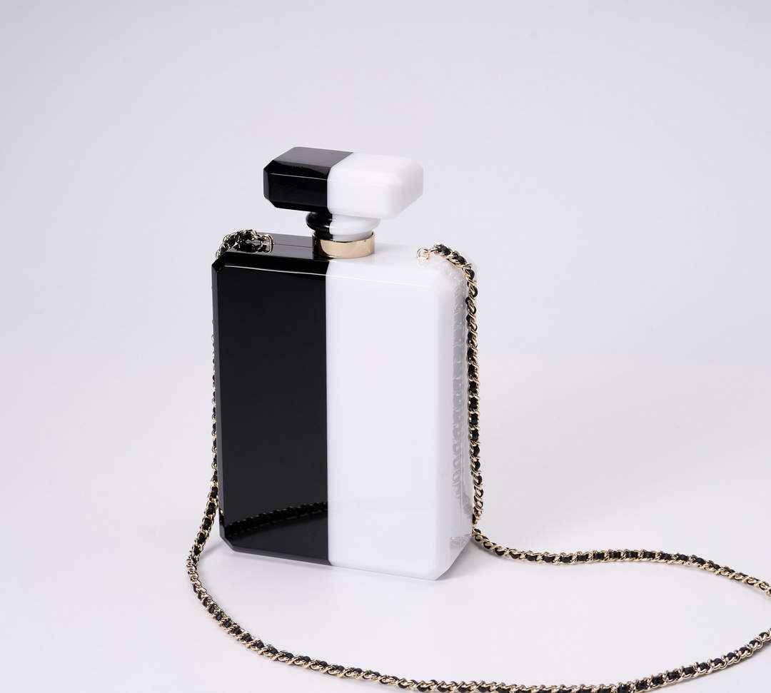 Chanel White Black Plexiglass Perfume Bottle Clutch C2786