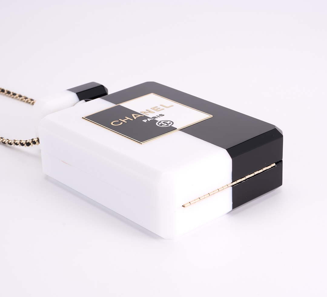 Chanel White Black Plexiglass Perfume Bottle Clutch C2786