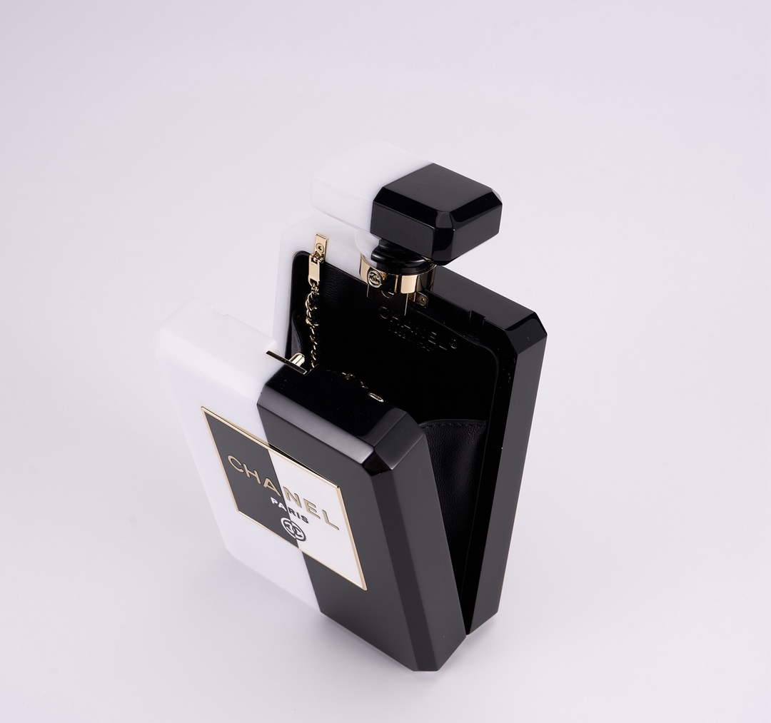 Chanel White Black Plexiglass Perfume Bottle Clutch C2786