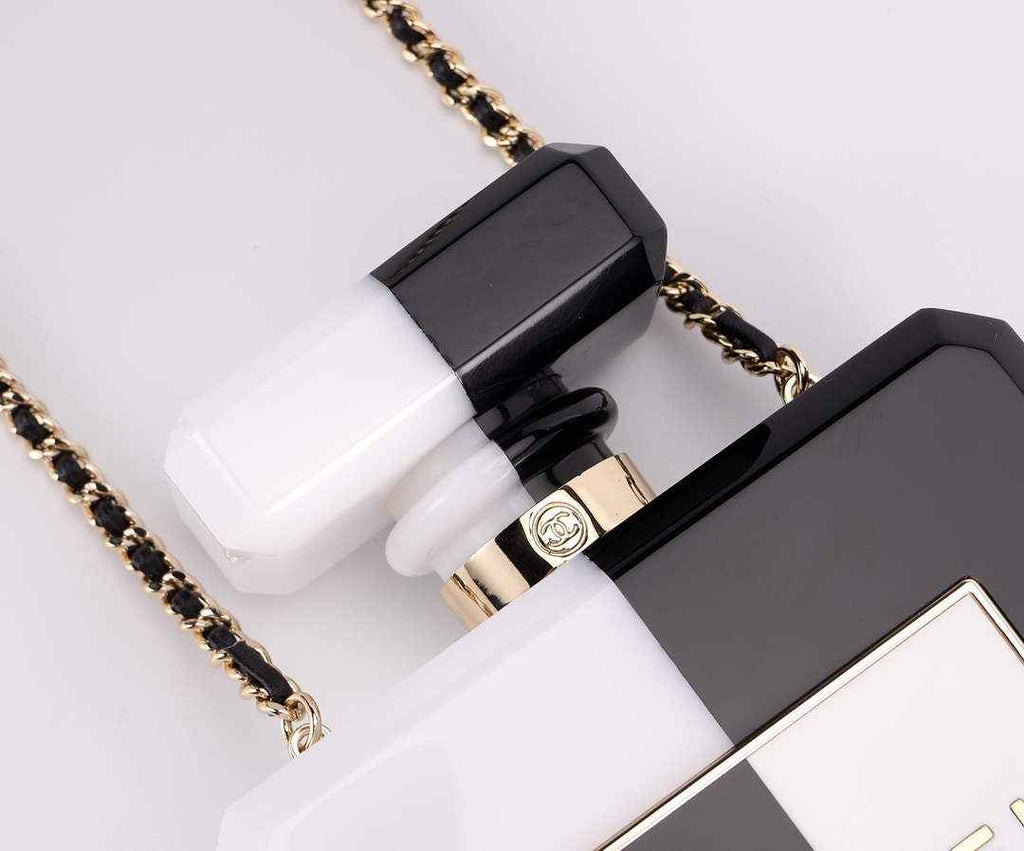 Chanel White Black Plexiglass Perfume Bottle Clutch C2786