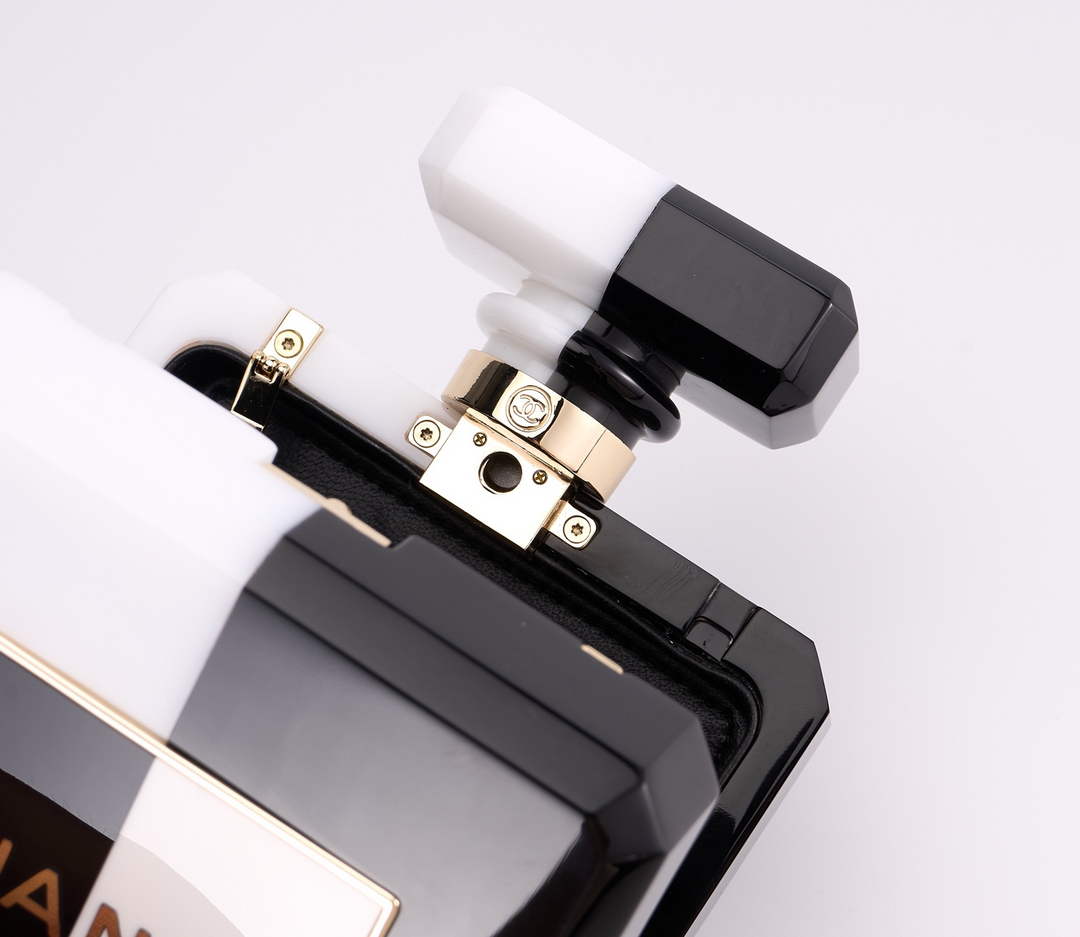 Chanel White Black Plexiglass Perfume Bottle Clutch C2786