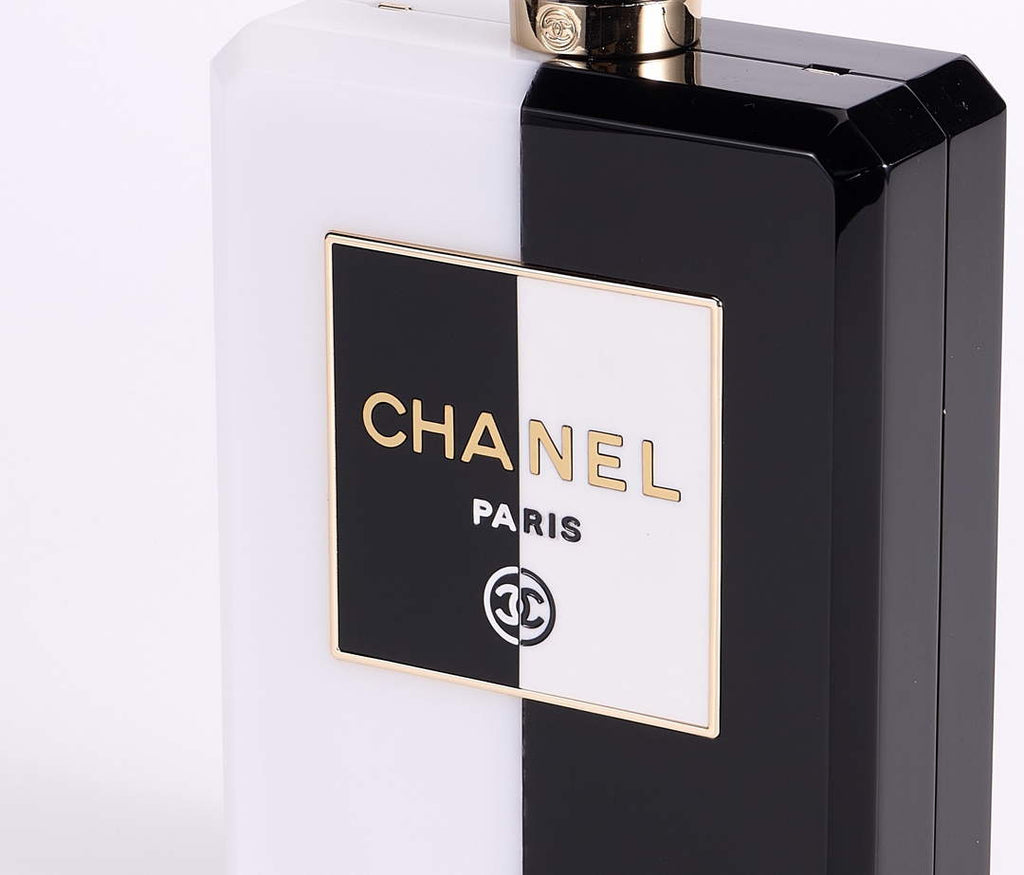 Chanel White Black Plexiglass Perfume Bottle Clutch C2786