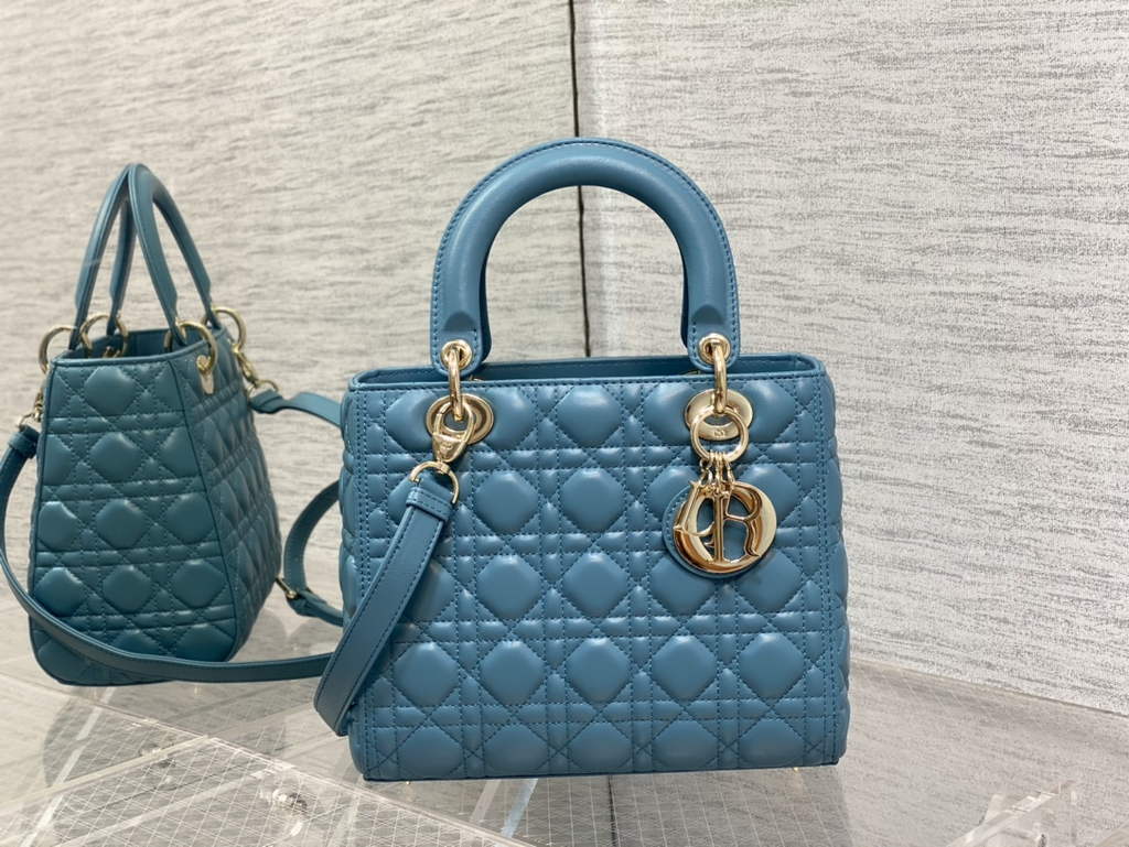 Dior M0565 Medium Lady Bag Cannage Lambskin Blue Gold - Default Title - View 1