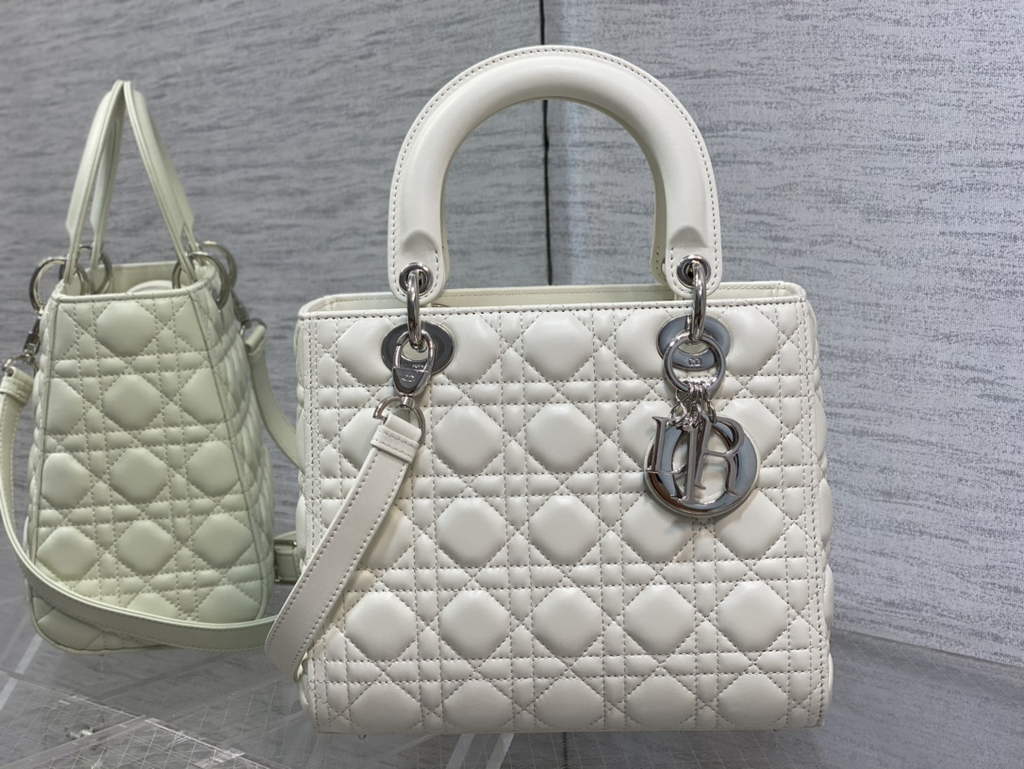 Dior M0565 Medium Lady Bag Cannage Lambskin white silver - Default Title - View 2