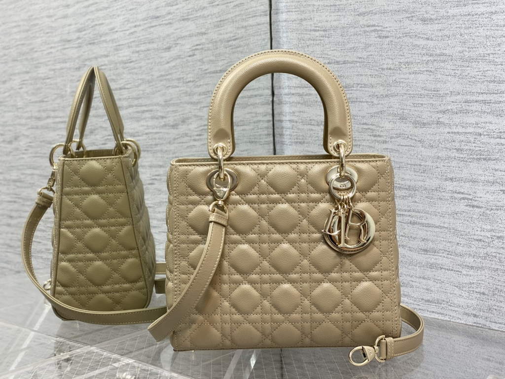 Dior M0565 Medium Lady Bag Apricot Gold Grained Cannage Calfskin - Default Title - View 1