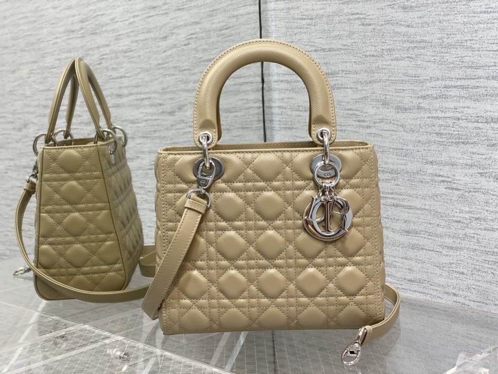 Dior M0565 Medium Lady Bag Apricot Silver Grained Cannage Calfskin - Default Title - View 1