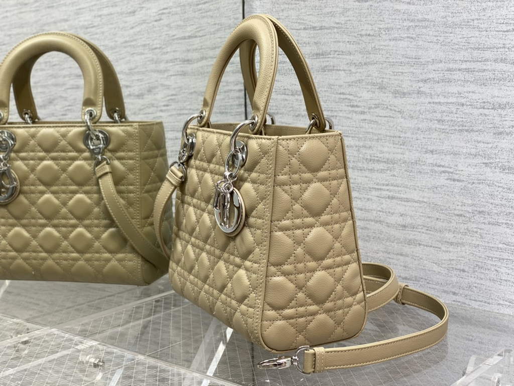 Dior M0565 Medium Lady Bag Apricot Silver Grained Cannage Calfskin - Default Title - View 5