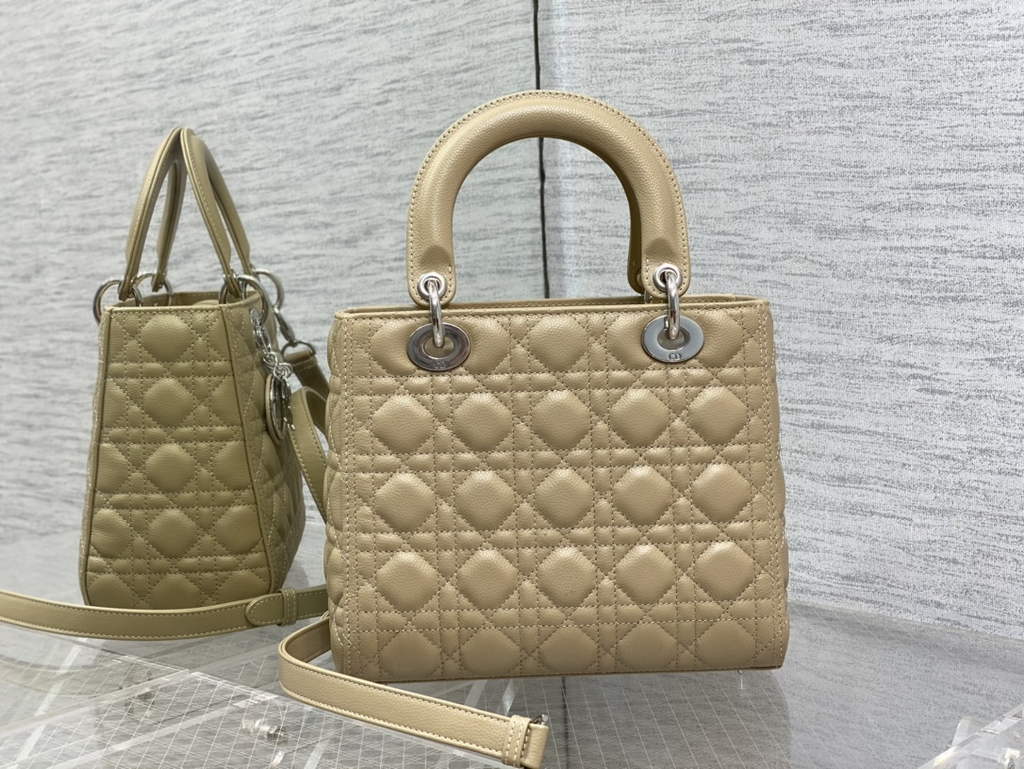 Dior M0565 Medium Lady Bag Apricot Silver Grained Cannage Calfskin - Default Title - View 6