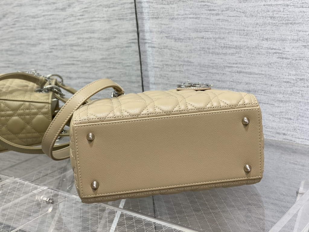 Dior M0565 Medium Lady Bag Apricot Silver Grained Cannage Calfskin - Default Title - View 7