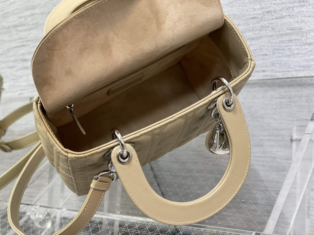 Dior M0565 Medium Lady Bag Apricot Silver Grained Cannage Calfskin - Default Title - View 8