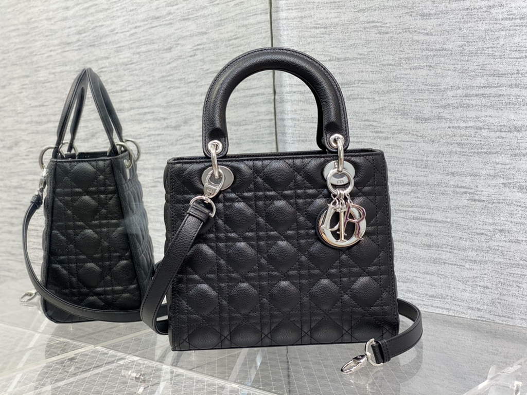 Dior M0565 Medium Lady Bag Black Silver Grained Cannage Calfskin - Default Title - View 1
