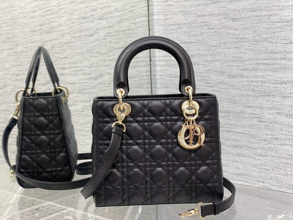 Dior M0565 Medium Lady Bag Black Gold Grained Cannage Calfskin - Default Title - View 1