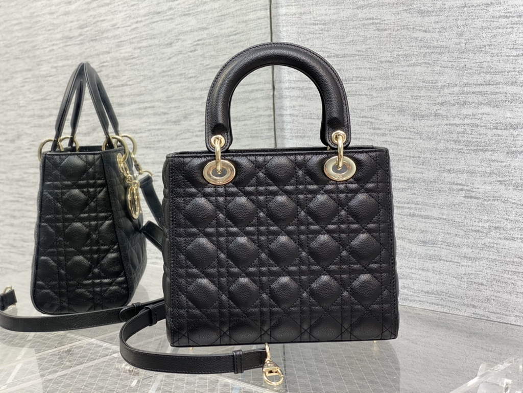 Dior M0565 Medium Lady Bag Black Gold Grained Cannage Calfskin - Default Title - View 5