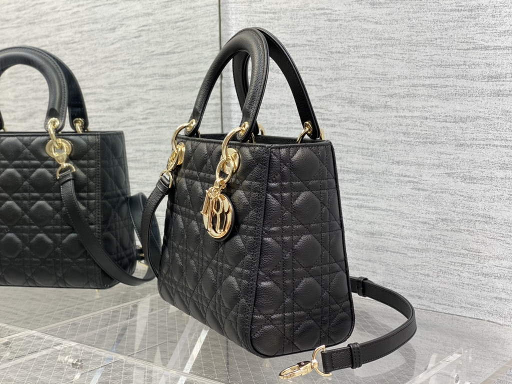 Dior M0565 Medium Lady Bag Black Gold Grained Cannage Calfskin - Default Title - View 6
