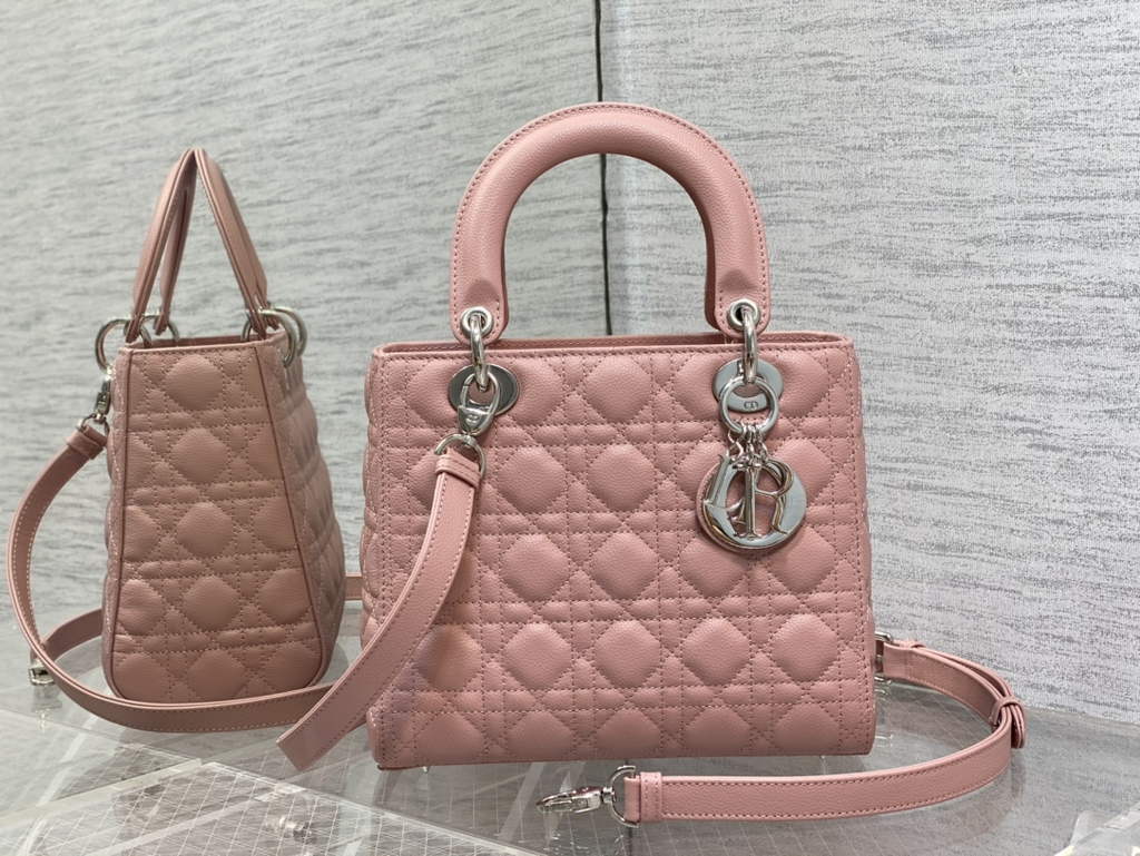 Dior M0565 Medium Lady Bag Pink Silver Grained Cannage Calfskin - Default Title - View 1
