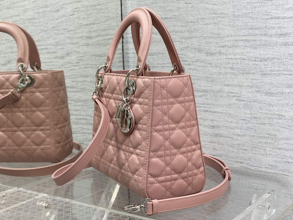 Dior M0565 Medium Lady Bag Pink Silver Grained Cannage Calfskin - Default Title - View 5