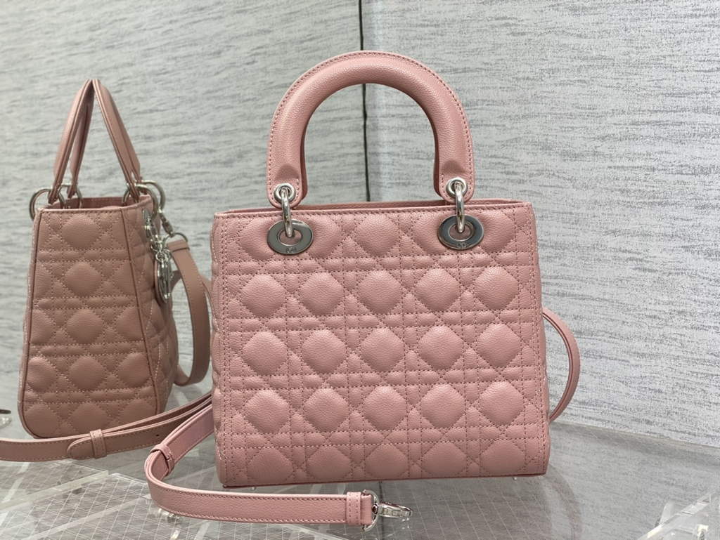 Dior M0565 Medium Lady Bag Pink Silver Grained Cannage Calfskin - Default Title - View 6