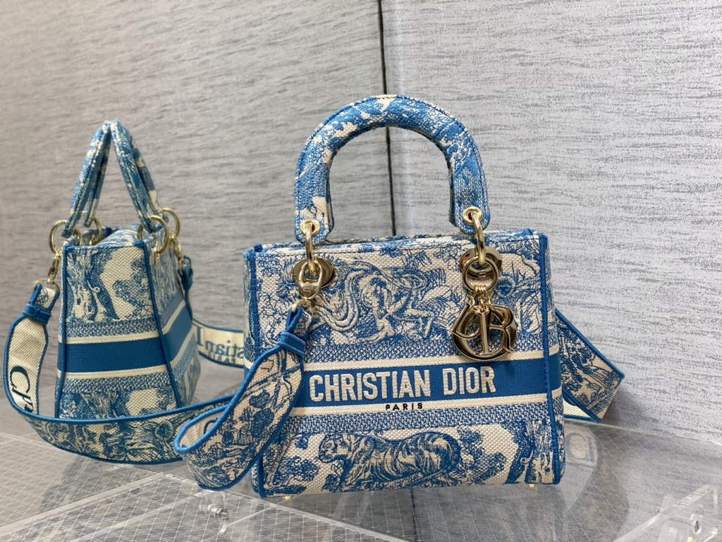 Dior M0565 Medium Lady D-Lite Bag light blue Toile de Jouy - Default Title - View 1