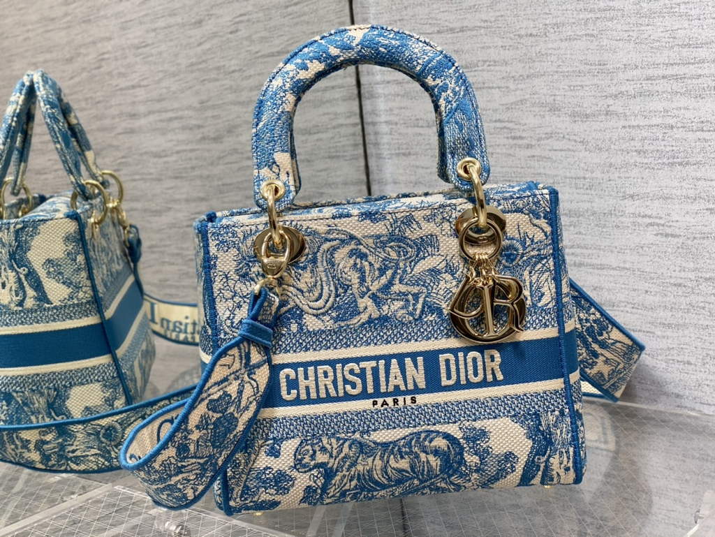 Dior M0565 Medium Lady D-Lite Bag light blue Toile de Jouy - Default Title - View 2