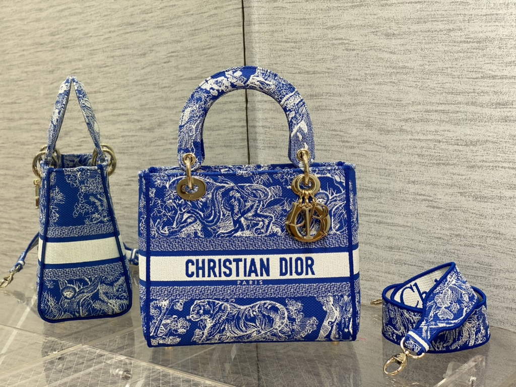 Dior M0565 Medium Lady D-Lite Bag sky blue Toile de Jouy - Default Title - View 1