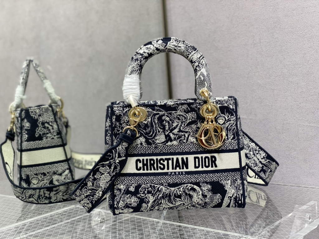 Dior M0565 Medium Lady D-Lite Bag Dark Blue Toile de Jouy - Default Title - View 1