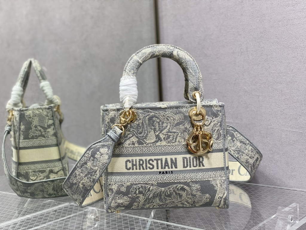 Dior M0565 Medium Lady D-Lite Bag Gray Toile de Jouy - Default Title - View 1