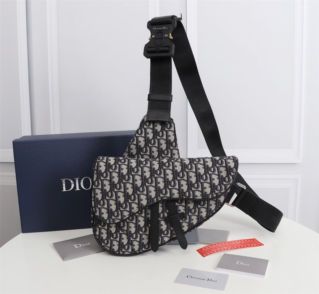 Dior 1ADPO093 Saddle Bag Beige and Black Dior Oblique Jacquard