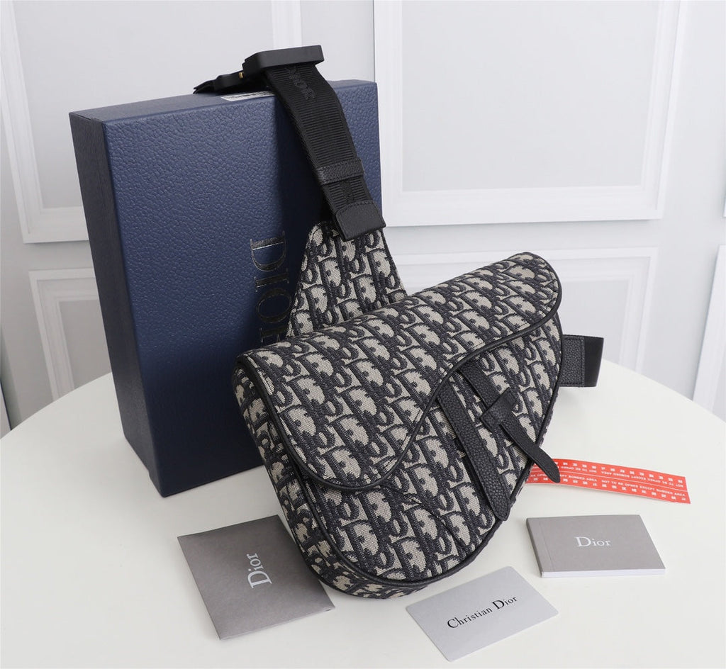 Dior 1ADPO093 Saddle Bag Beige and Black Dior Oblique Jacquard