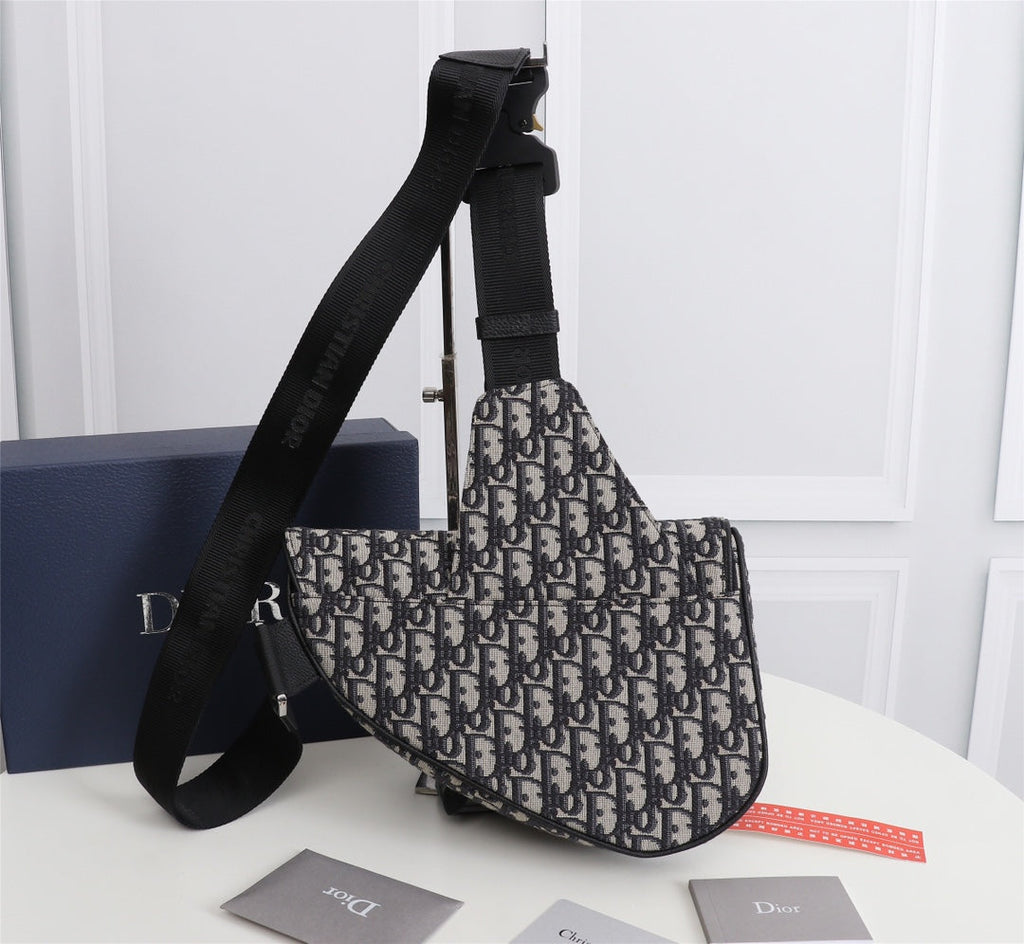Dior 1ADPO093 Saddle Bag Beige and Black Dior Oblique Jacquard