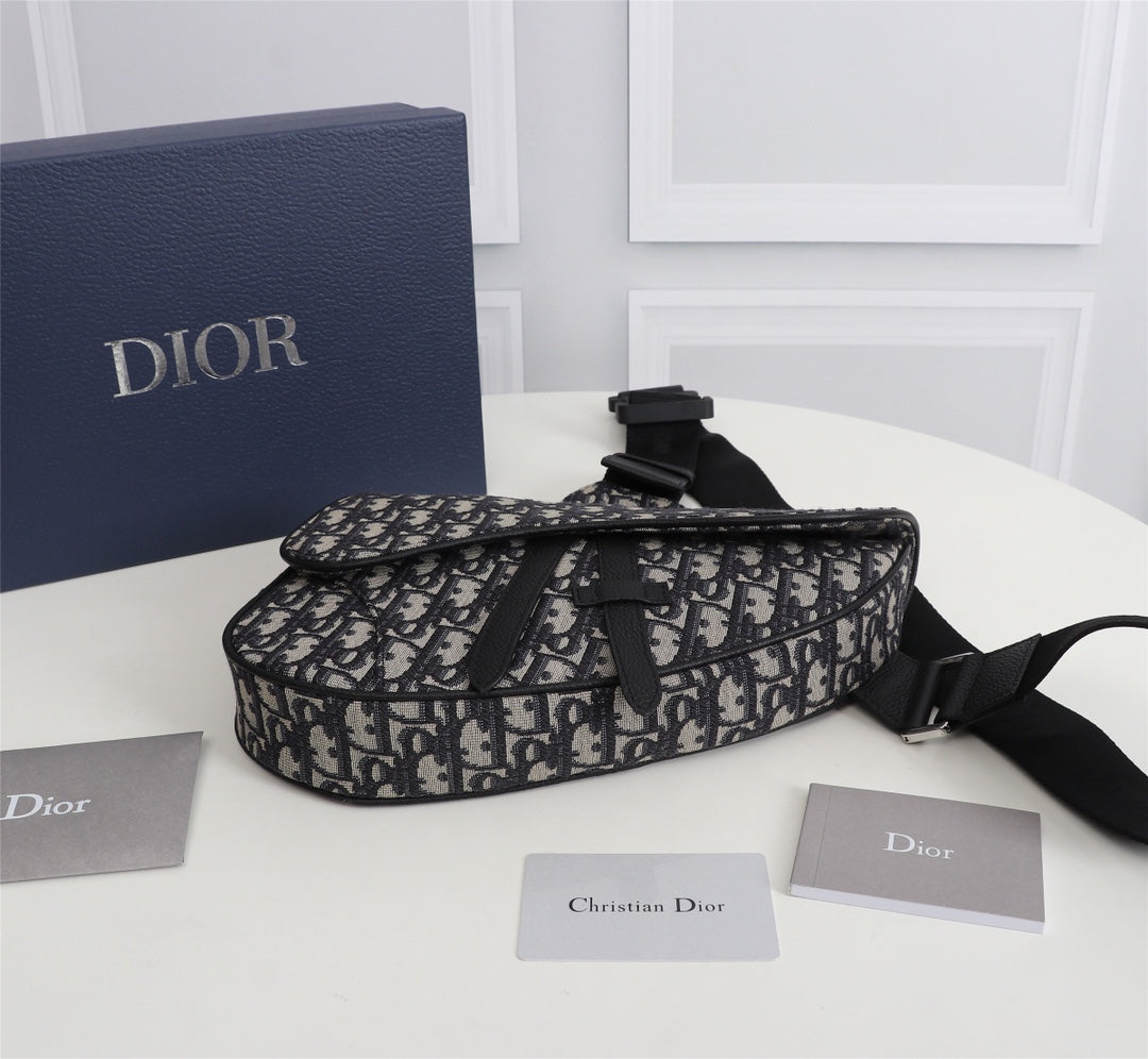 Dior 1ADPO093 Saddle Bag Beige and Black Dior Oblique Jacquard