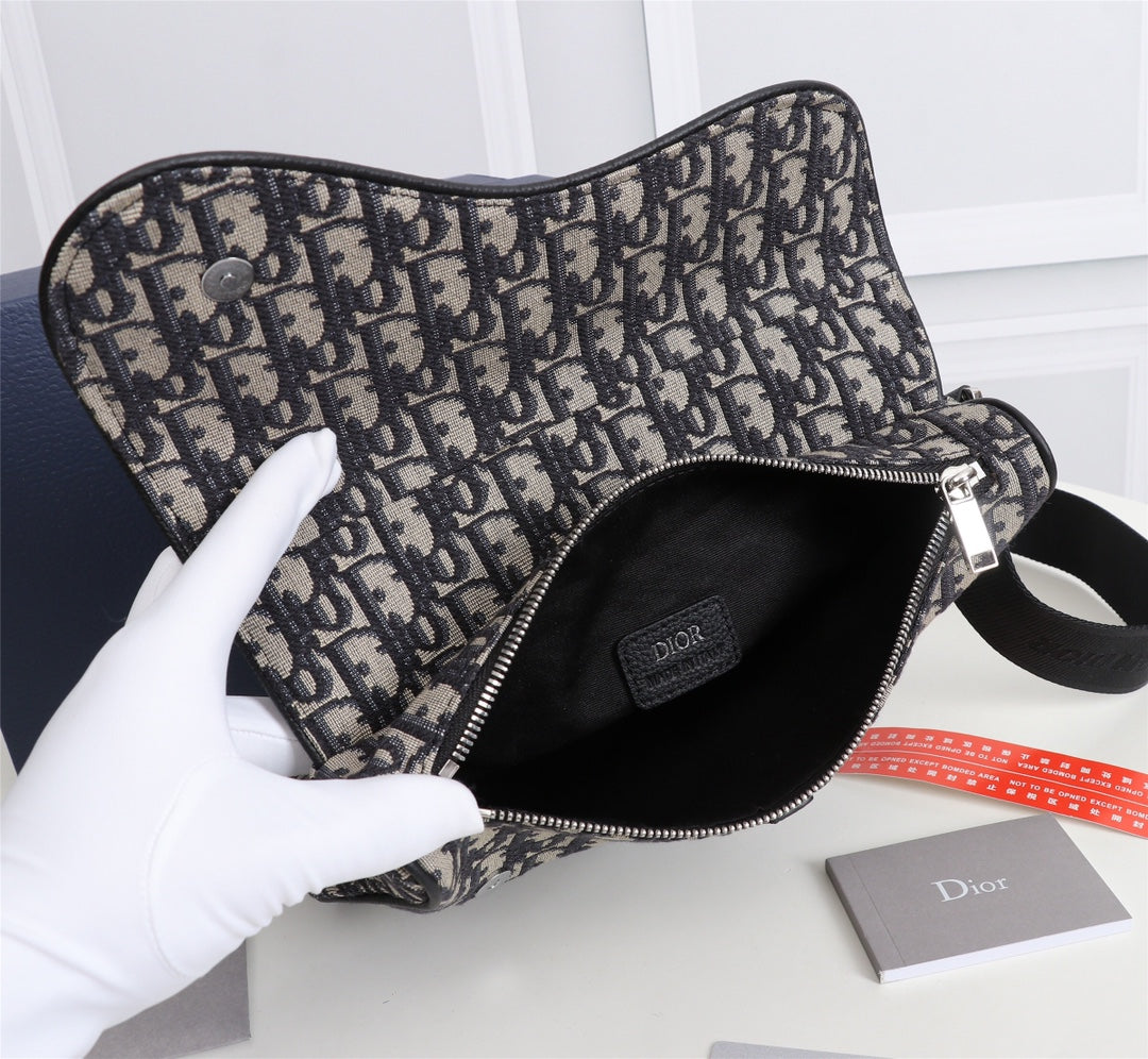 Dior 1ADPO093 Saddle Bag Beige and Black Dior Oblique Jacquard
