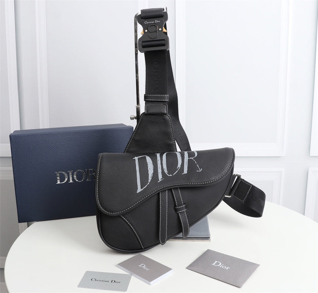 Dior 1ADPO093 Saddle Bag Black Canvas and Smooth Calfskin