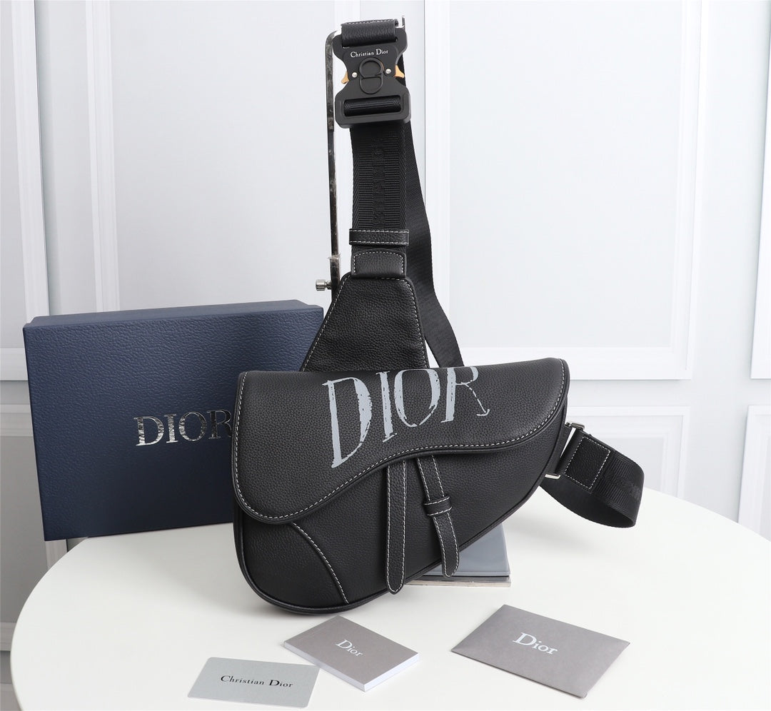 Dior 1ADPO093 Saddle Bag Black Canvas and Smooth Calfskin