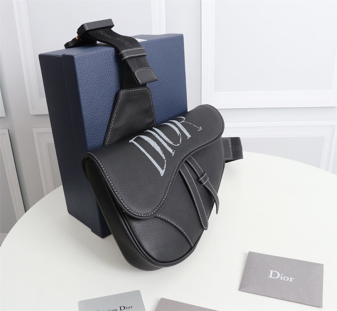 Dior 1ADPO093 Saddle Bag Black Canvas and Smooth Calfskin