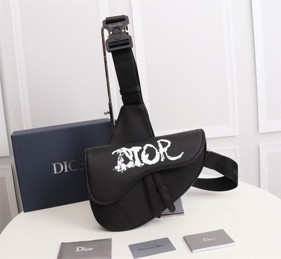 Dior 1ADPO093 Saddle Bag Black Canvas and Smooth Calfskin C