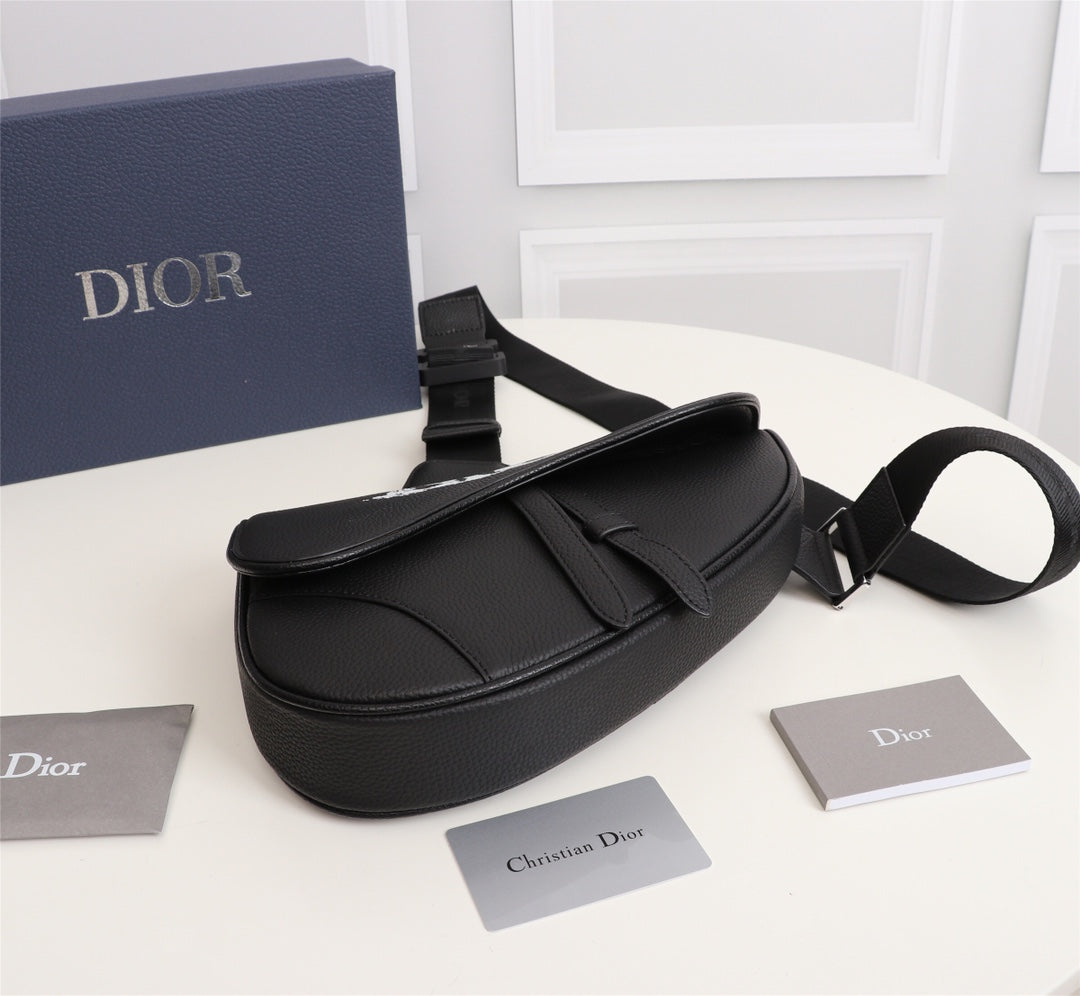 Dior 1ADPO093 Saddle Bag Black Canvas and Smooth Calfskin C