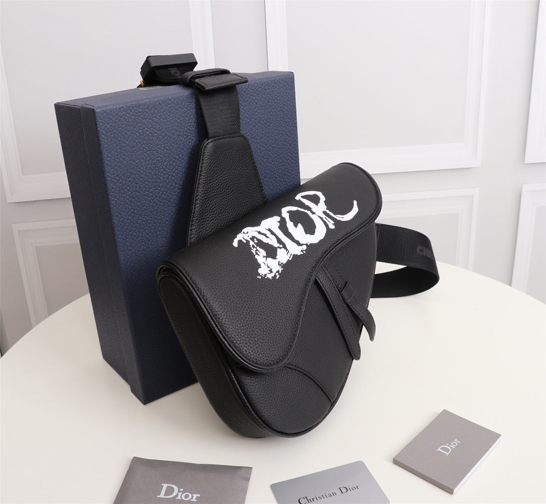Dior 1ADPO093 Saddle Bag Black Canvas and Smooth Calfskin C