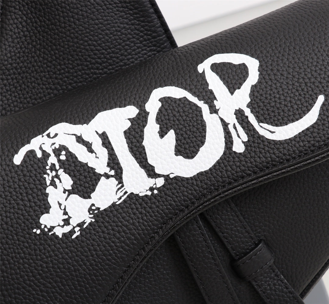 Dior 1ADPO093 Saddle Bag Black Canvas and Smooth Calfskin C