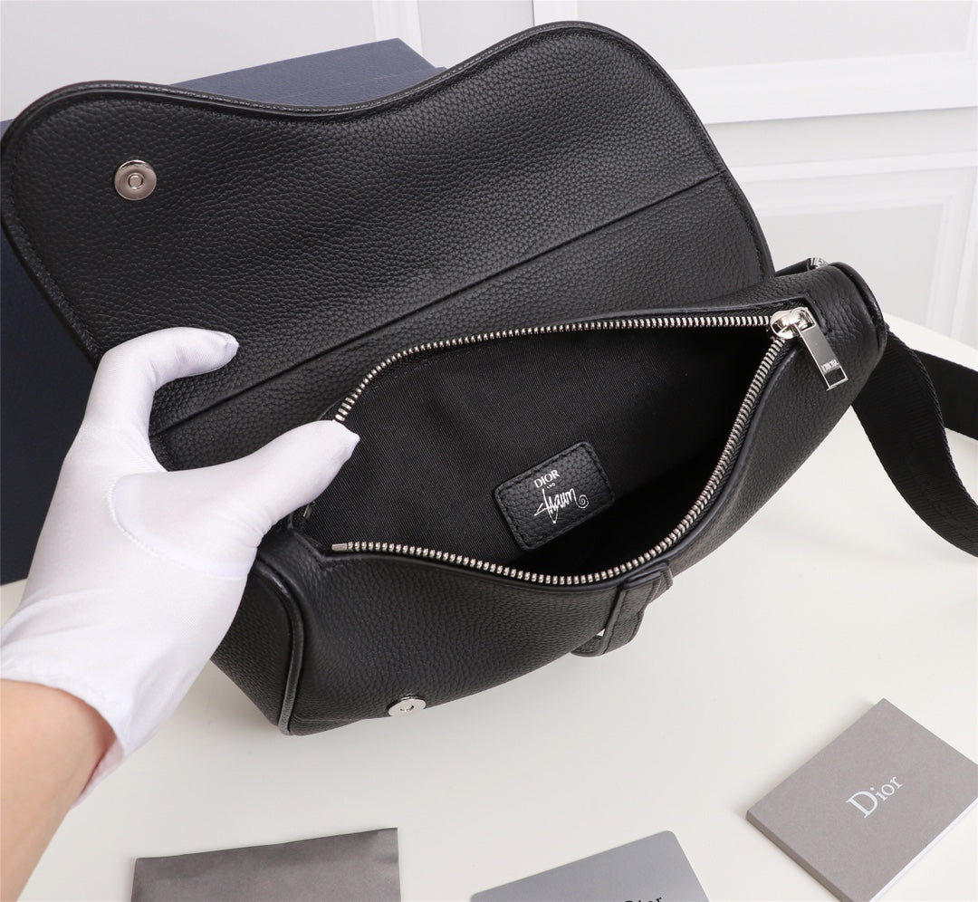 Dior 1ADPO093 Saddle Bag Black Canvas and Smooth Calfskin C